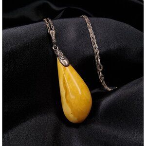 Genuine Baltic Amber Teardrop Pendant Necklace With 925 Sterling Silver Chain